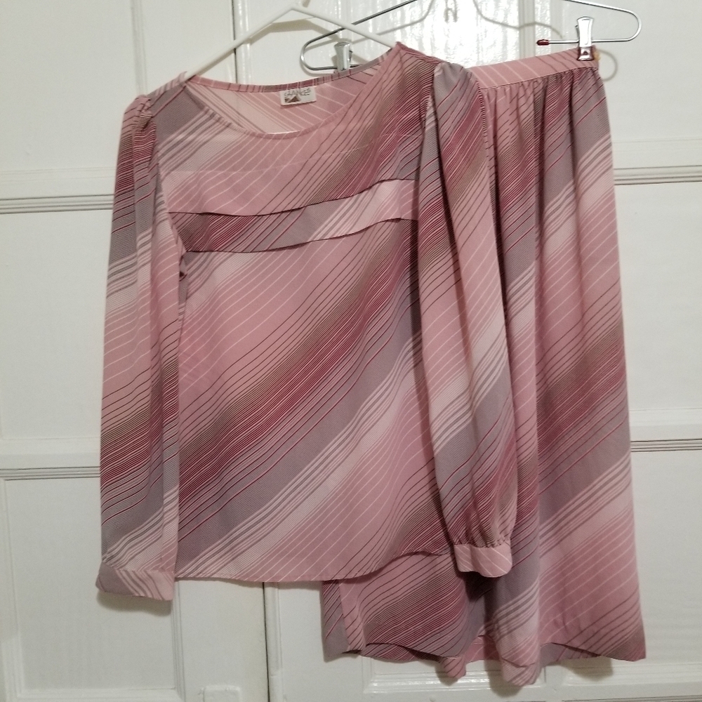 Vtg Blouse & Skirt Set Pink & Gray Diagonal Stripe Size Small